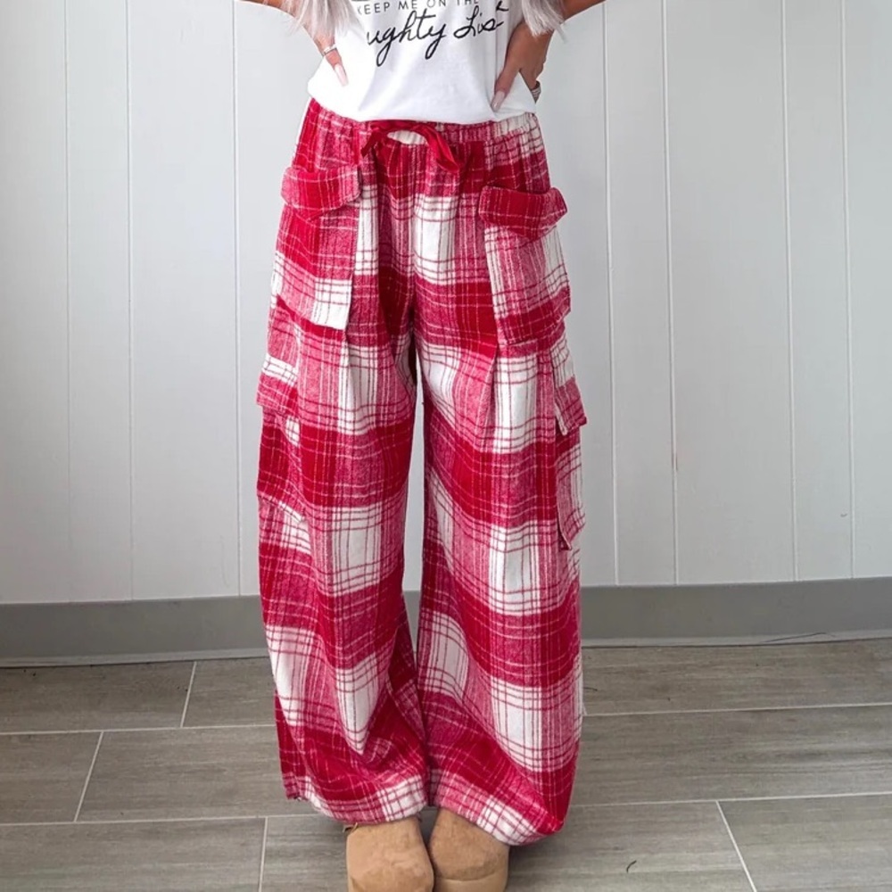NWT Bibi Plaid Cargo 90’s Grunge Fleece Flannel Wide Leg Jogger Pants - Picture 6 of 6